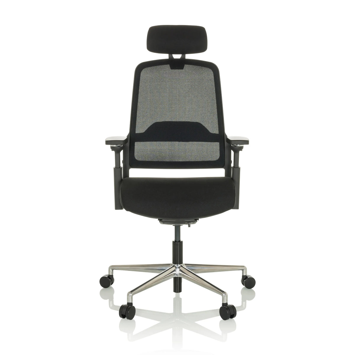 Siège de bureau de qualité professionnelle TERARO AX noir, dossier maille, appuie-tête et 5 roulettes de hjh OFFICE – vue à 360° (vue de face 0°)