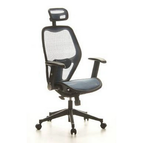 Siège de bureau de qualité professionnelle AIR-PORT avec revêtement en maille bleu, appui-tête et accoudoirs de hjh OFFICE