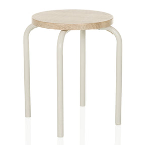 Tabouret ALRANDA avec une assise ronde en chêne et quatre pieds blancs de hjh LIVING