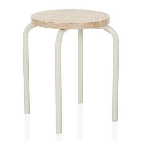 Tabouret ALRANDA avec une assise ronde en chêne et quatre pieds blancs de hjh LIVING