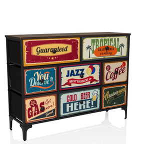Commode AMERIKO B avec structure noire et six tiroirs colorés à motifs de style vintage de hjh LIVING