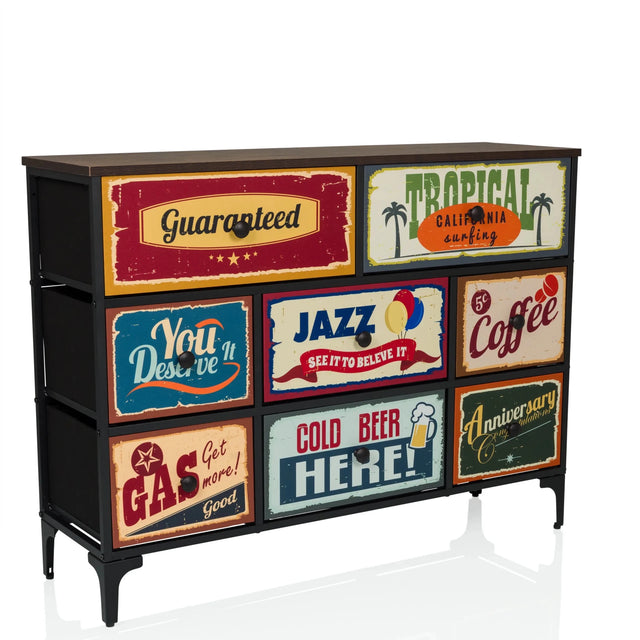 Commode AMERIKO B avec structure noire et six tiroirs colorés à motifs de style vintage de hjh LIVING
