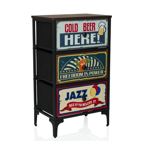 Commode AMERIKO S avec structure en métal noir et trois tiroirs multicolores à motifs de hjh LIVING