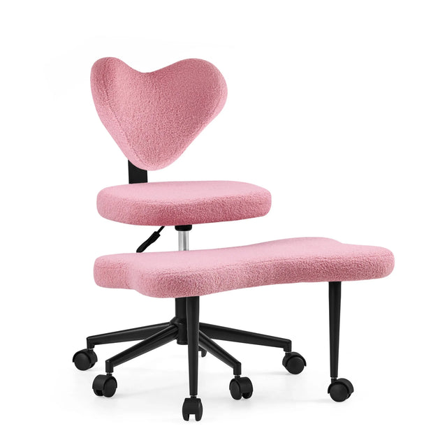 Chaise de bureau Asanasit avec revêtement en bouclé rose, repose-pieds intégré et piètement à roulettes noir de hjh LIVING
