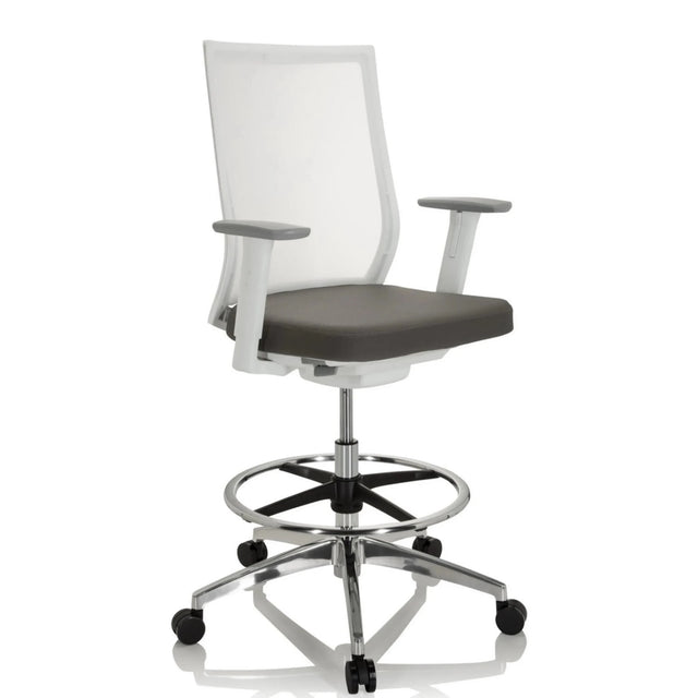 Chaise de comptoir ASPEN WORK W grise avec dossier en maille blanc et repose-pieds en chrome de hjh OFFICE