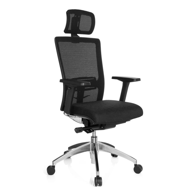 Siège de bureau de qualité professionnelle ASTRA LUX avec revêtement en maille noire, assise en tissu et appuie-tête de hjh OFFICE