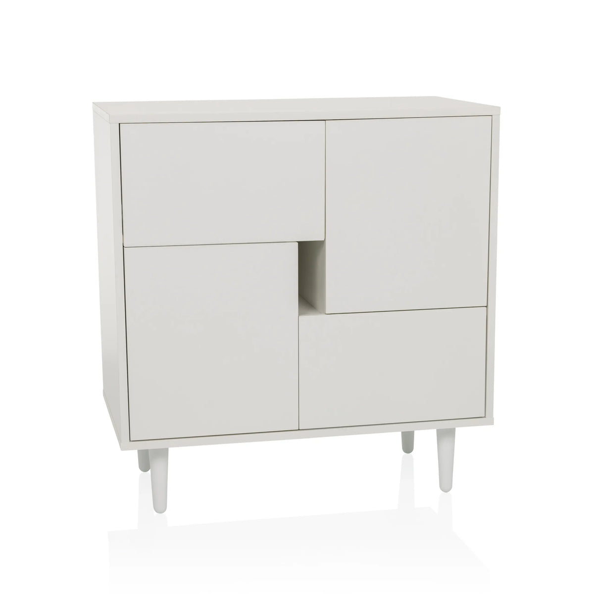 Commode blanche LYKKJA avec division frontale asymétrique et quatre pieds de hjh LIVING – vue à 360° (vue de face 15°)