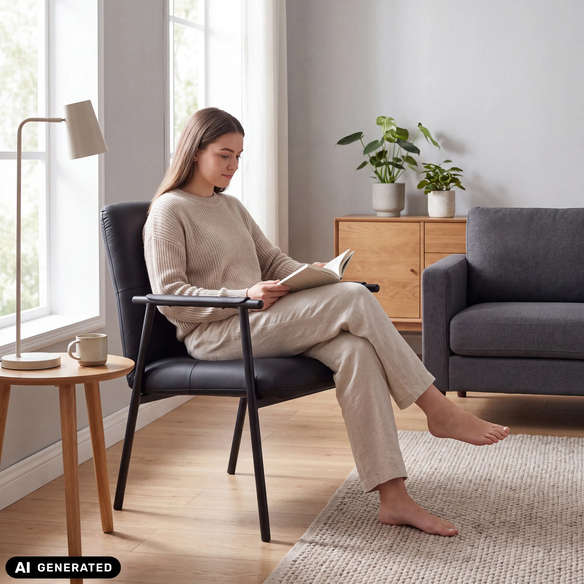 Chaise rembourrée Lifea Flex noire en similicuir avec accoudoirs de hjh LIVING (image générée par IA)