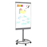 Tableau blanc MULTIBOARD en argent avec surface écrivable sur un support à roulettes de hjh OFFICE