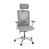 Siège de bureau de qualité professionnelle BRETON PRO W gris avec dossier en maille, appui-tête et piètement à cinq roulettes de hjh OFFICE – vue à 360° (vue de face 20°)