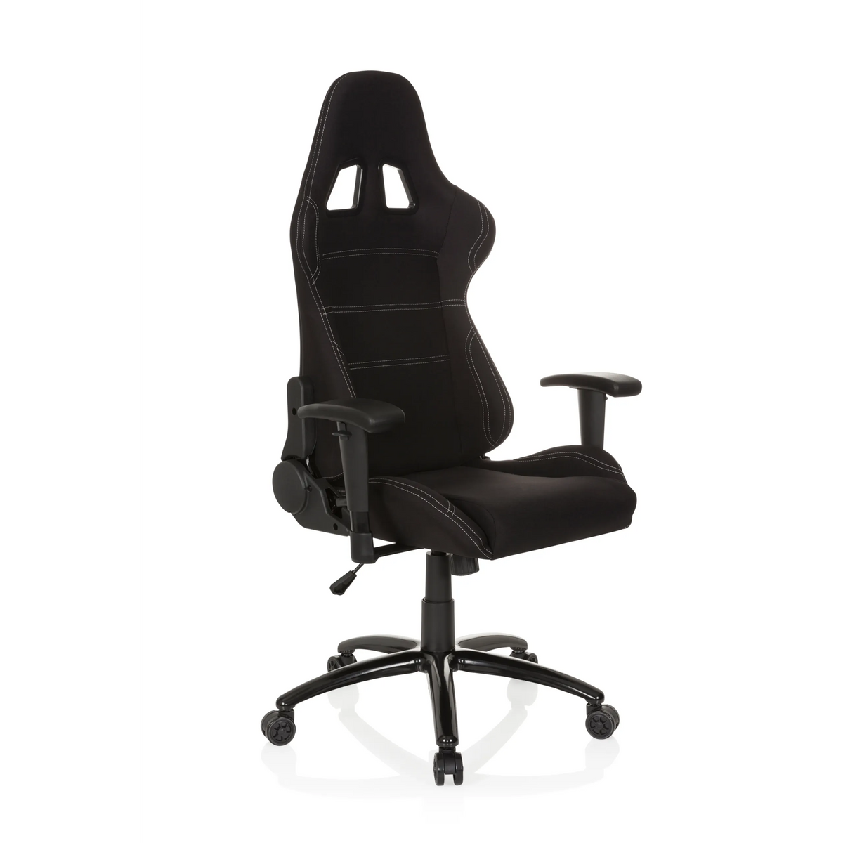 Fauteuil Gamer noir GAME FORCE avec appui-tête, accoudoirs et base à cinq roulettes de hjh OFFICE – vue à 360° (vue de trois quarts avant 40°)