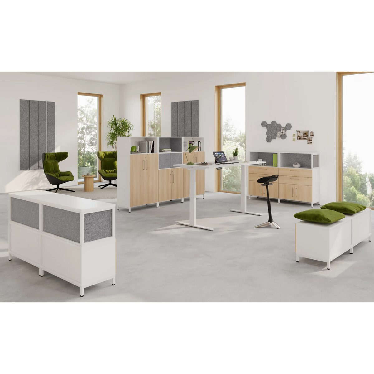 Mobilier de bureau moderne de la gamme FlexWall avec socle en métal blanc et accents en bois de hjh OFFICE PRO