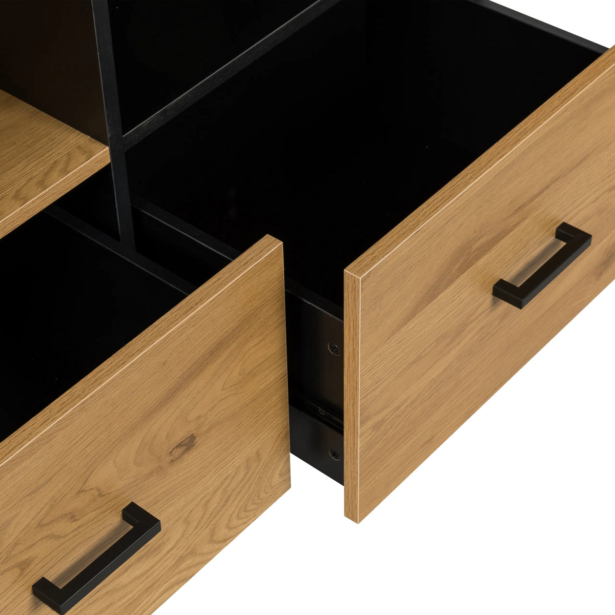 Tiroirs ouverts avec poignées noires de l'armoire de bureau AMIO H en noir et chêne de hjh LIVING