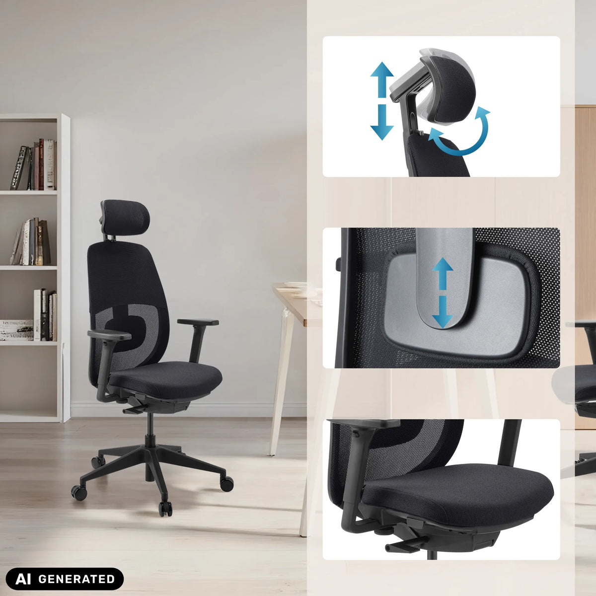 Appuie-tête et support lombaire réglables du siège de bureau de qualité professionnelle Skandis Pro de hjh OFFICE (image générée par IA)