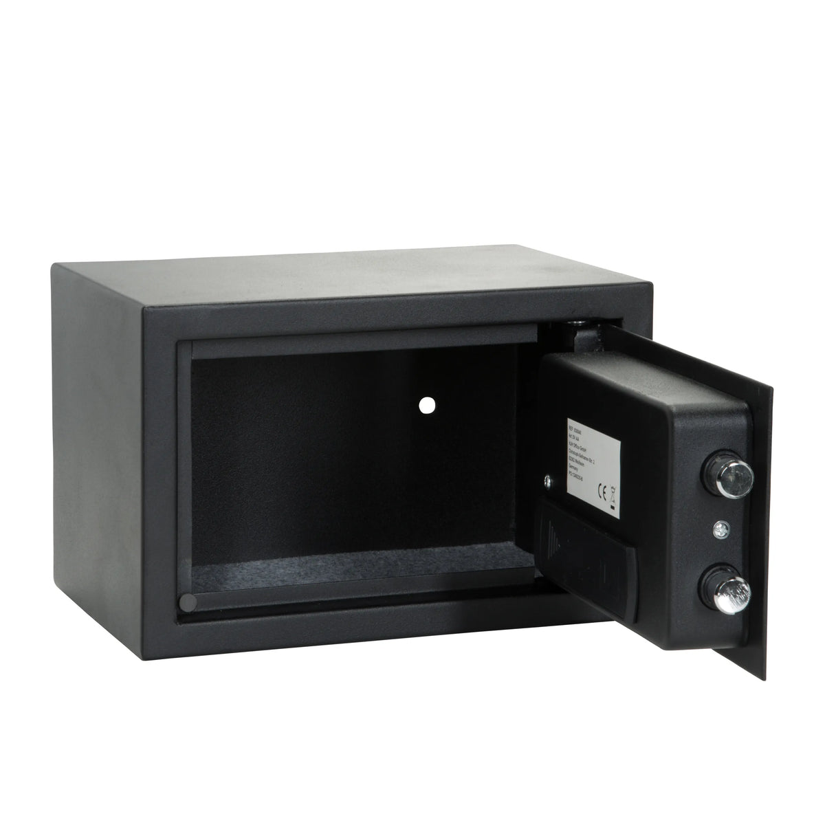 Coffre-fort noir SAFE COMPACT III avec serrure à combinaison et poignée rotative de hjh OFFICE – vue à 360° (vue de trois quarts arrière 240°)