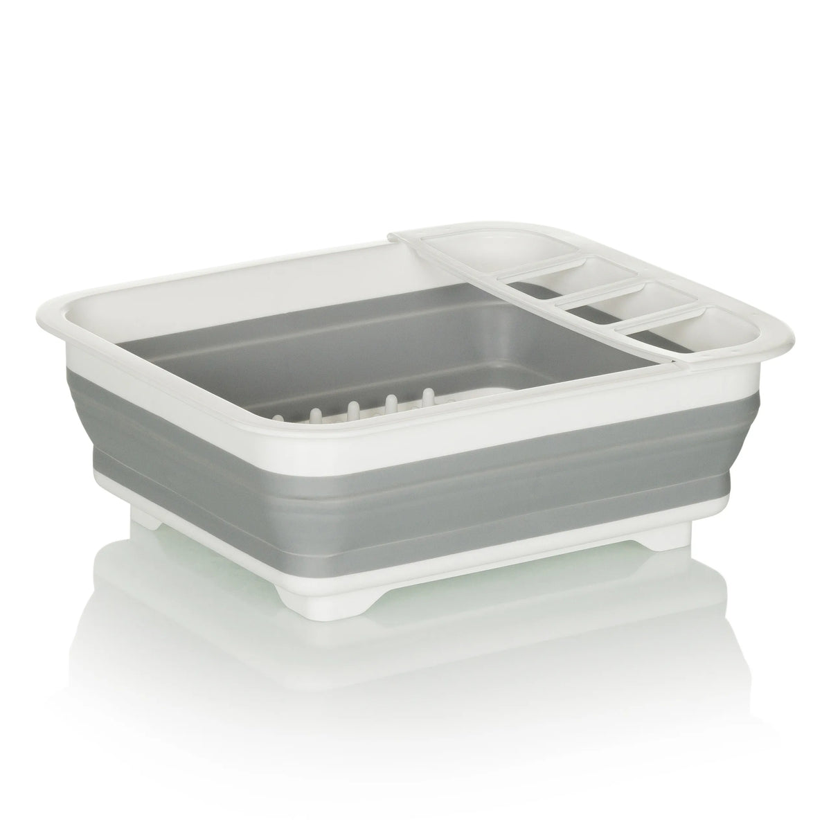 Conteneur pliable CLEAN SIL gris et blanc avec grille d'égouttage intégrée de hjh OFFICE – vue à 360° (vue arrière 180°)