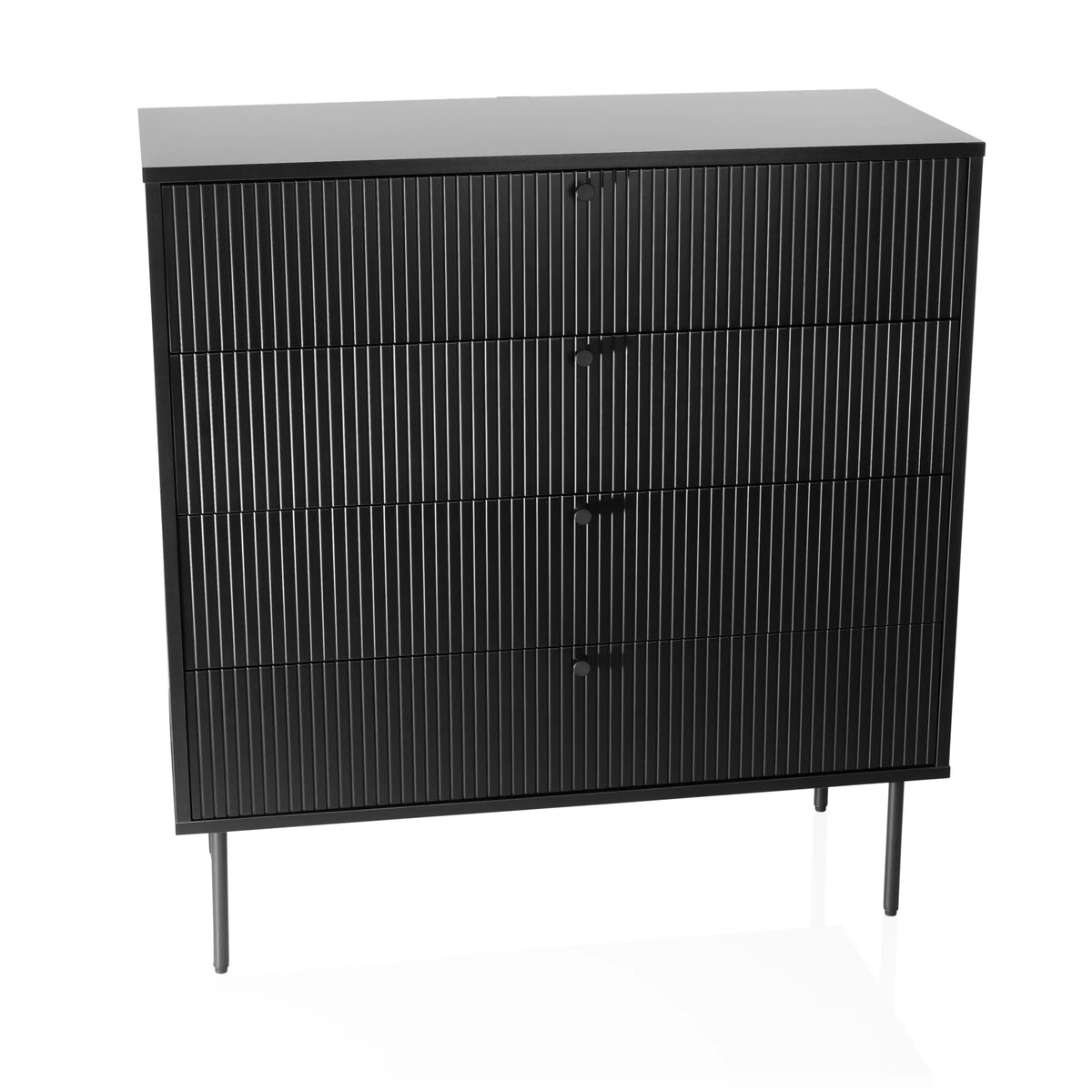 Commode noire KARBY K avec quatre tiroirs rainurés et des pieds fins de hjh LIVING – vue à 360° (vue de face 15°)