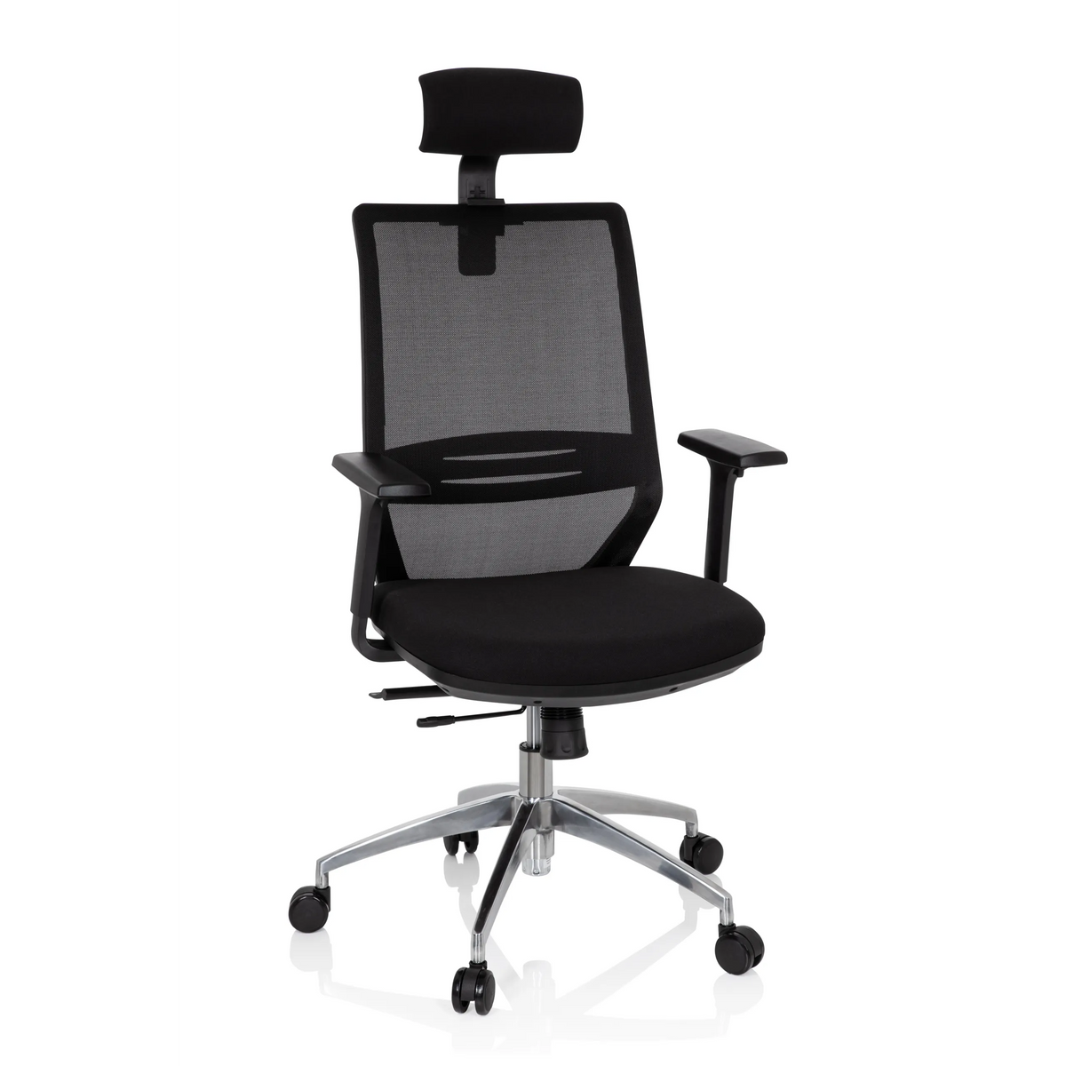 Siège de bureau de qualité professionnelle PROFONDO PRO noir, dossier maille, appui-tête et base à roulettes de hjh OFFICE – vue à 360° (vue de face 20°)