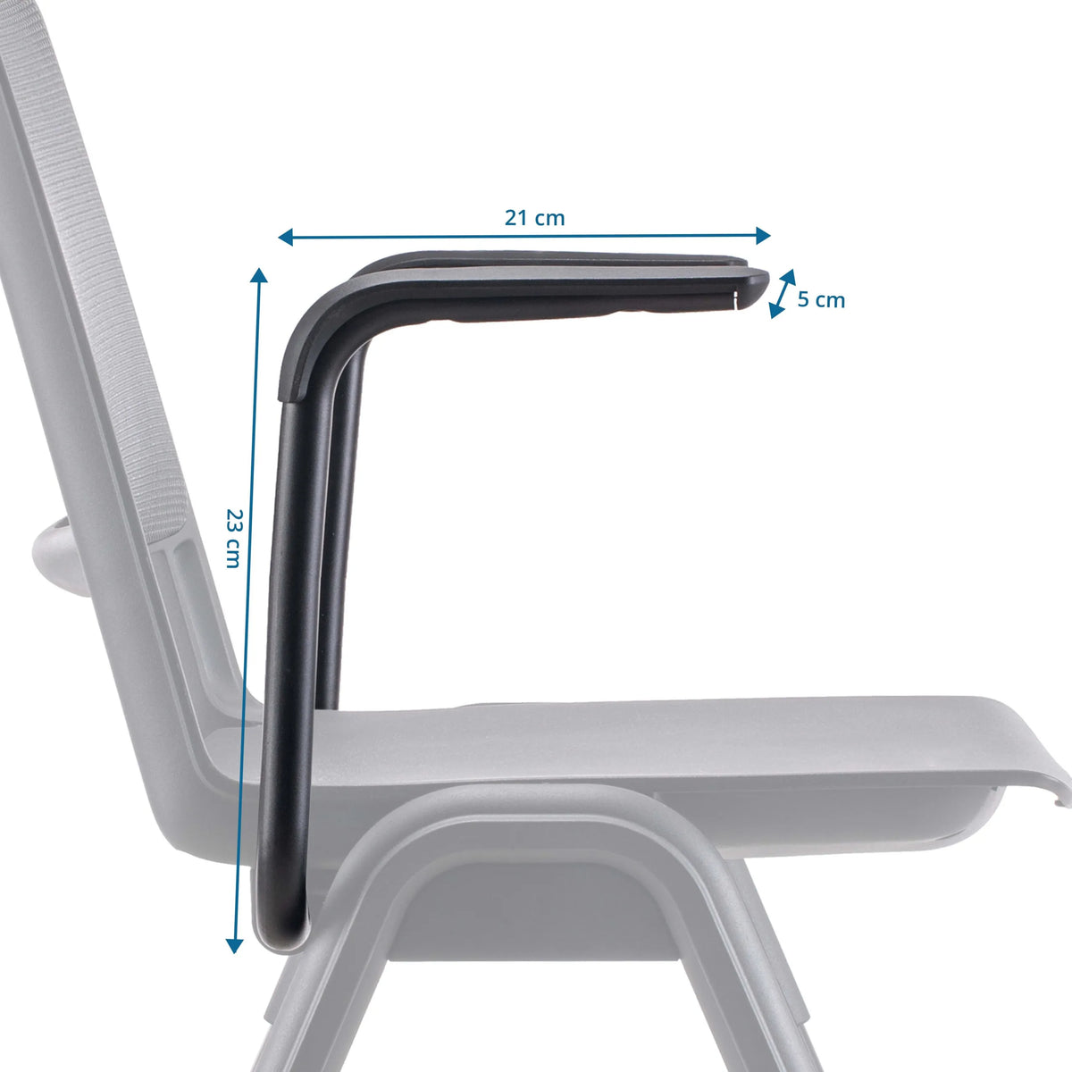 Dessin technique de l'Accoudoir MEET WA avec une longueur de 21 cm et une hauteur de 23 cm de hjh OFFICE