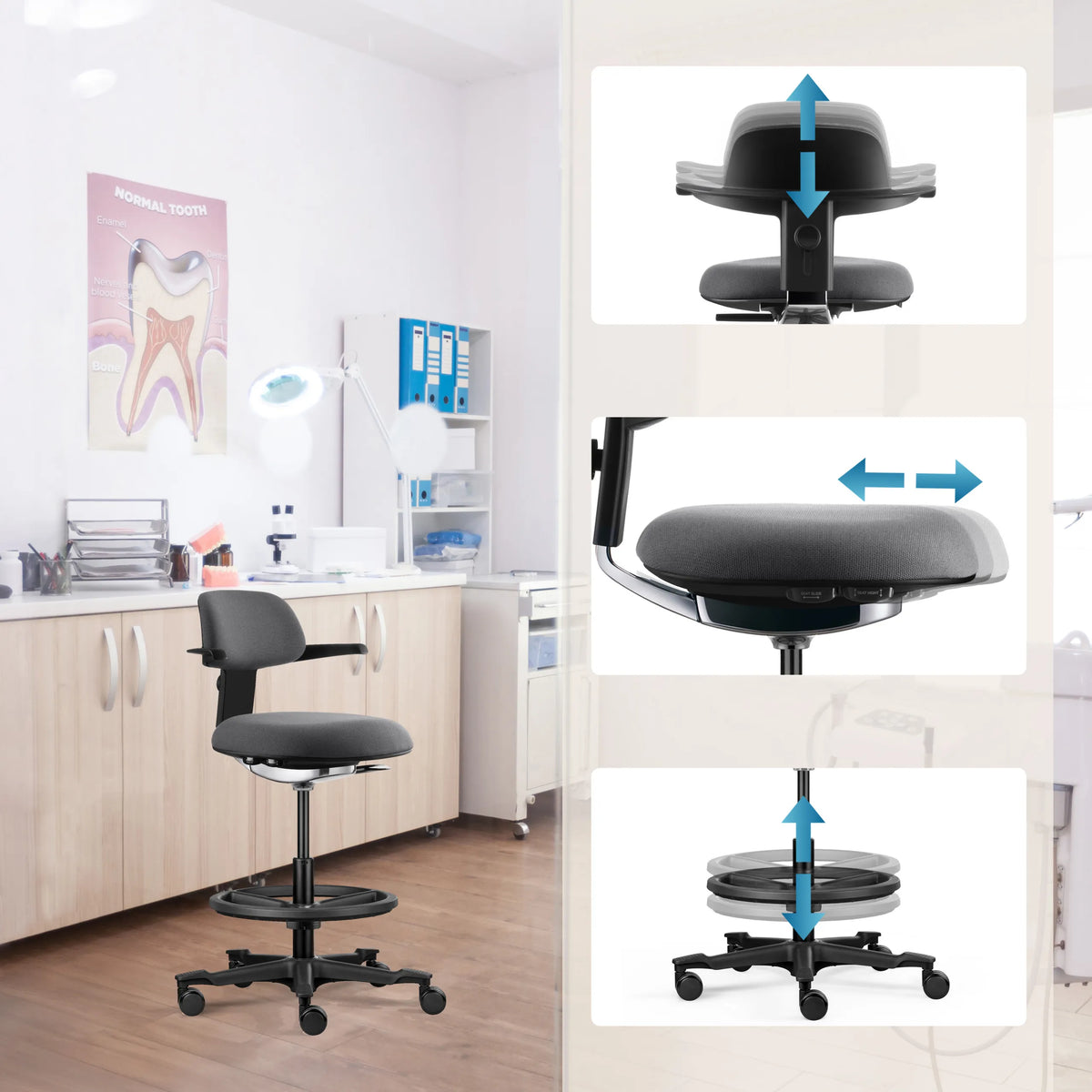Accoudoir et assise réglables en hauteur de la chaise de travail TOP WORK 40 en gris foncé avec repose-pieds de hjh OFFICE