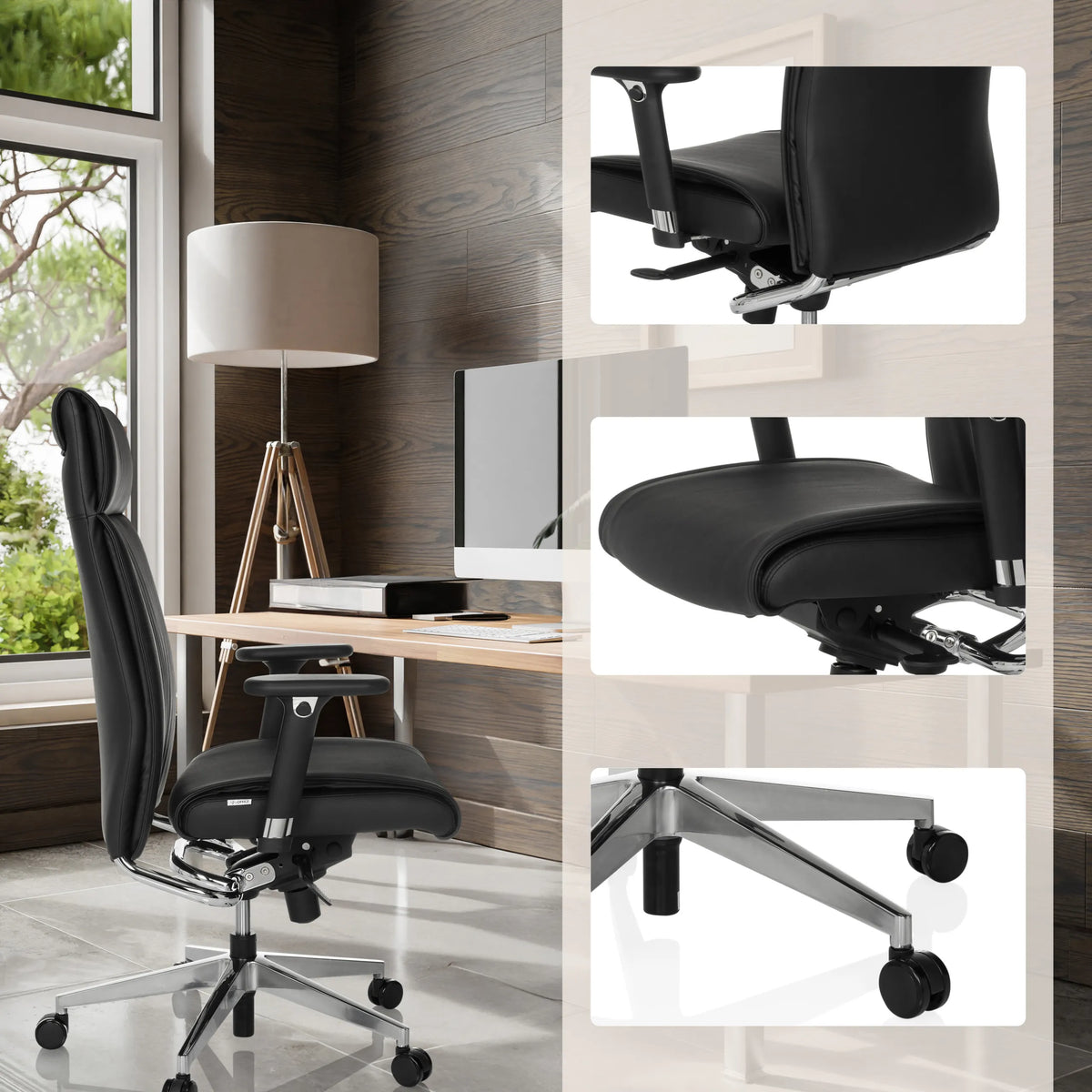 Siège de direction de qualité professionnelle CURYO noir avec accoudoirs réglables et pied à roulettes dans un bureau de hjh OFFICE