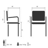 Dessin technique du siège visiteur BORNE avec une hauteur d'assise de 44 cm de hjh OFFICE