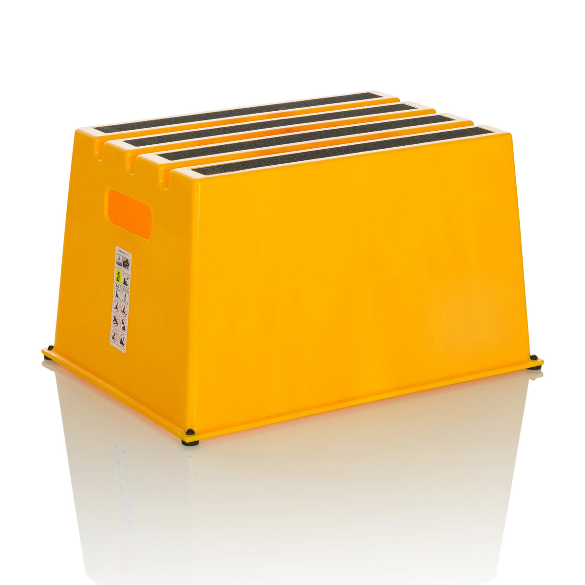 Tabouret marchepied jaune TIO-E1 avec trois marches antidérapantes de hjh OFFICE – vue à 360° (vue de trois quarts avant 30°)