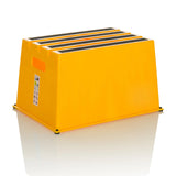 Tabouret marchepied jaune TIO-E1 avec trois marches antidérapantes de hjh OFFICE – vue à 360° (vue de trois quarts avant 30°)