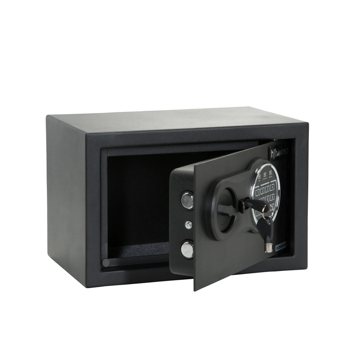 Coffre-fort noir SAFE COMPACT III avec serrure à combinaison et poignée rotative de hjh OFFICE – vue à 360° (vue de trois quarts arrière 120°)