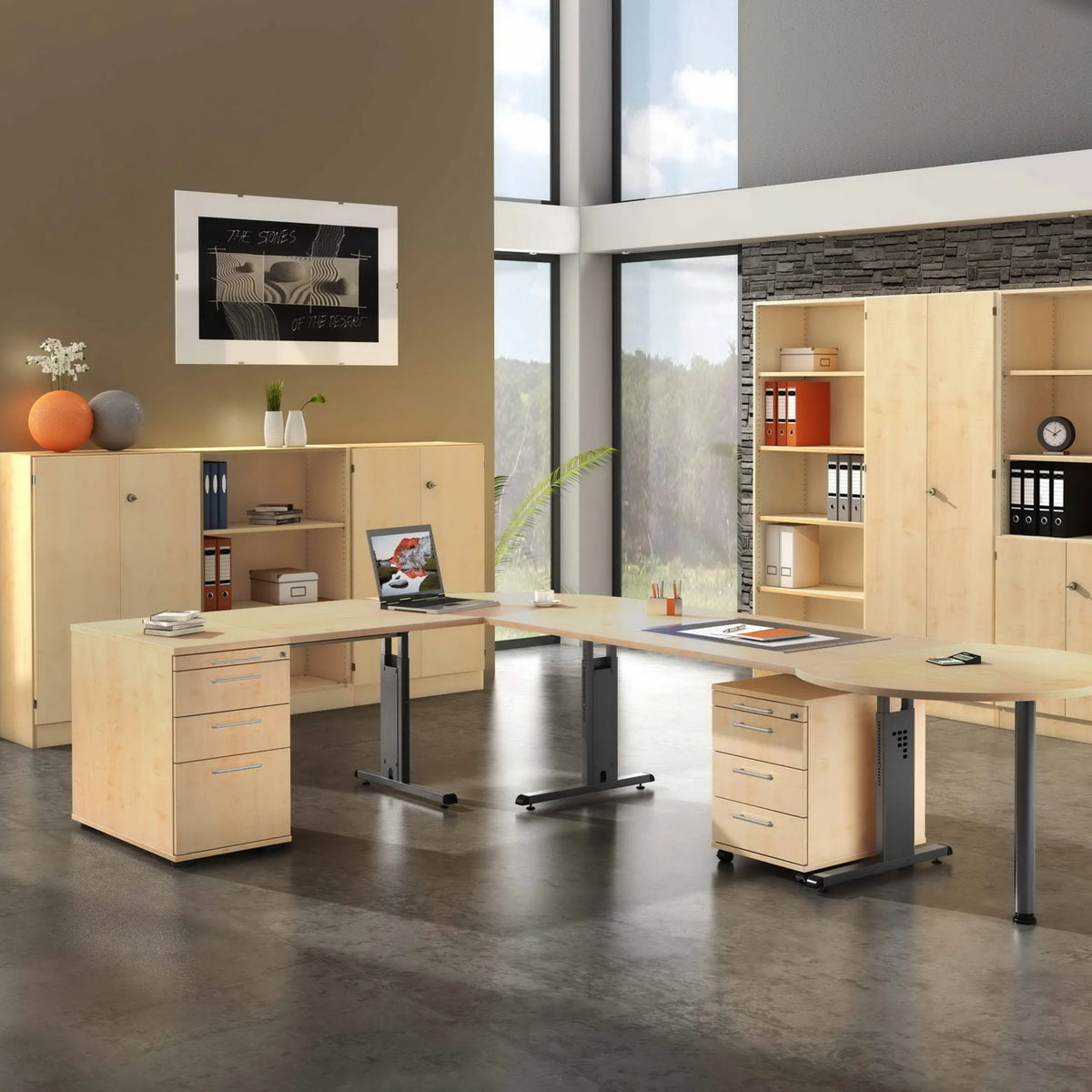 Bureau réglable en hauteur MEGA 8 G en érable et graphite avec caisson à roulettes et buffet de hjh OFFICE PRO