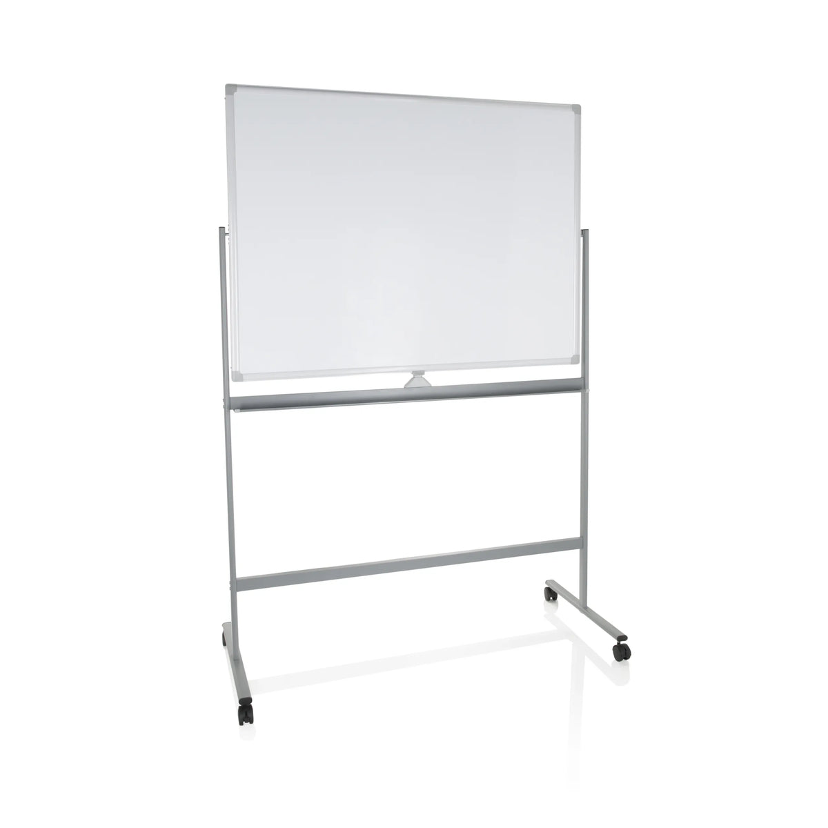 Tableau blanc MULTIBOARD I blanc avec cadre argenté et roulettes de hjh OFFICE – vue à 360° (vue de face 17°)