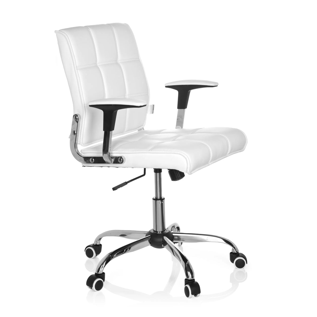 Siège de bureau à domicile ERNESTO blanc avec rembourrage capitonné et base à cinq roulettes de hjh OFFICE – vue à 360° (vue de trois quarts avant 60°)
