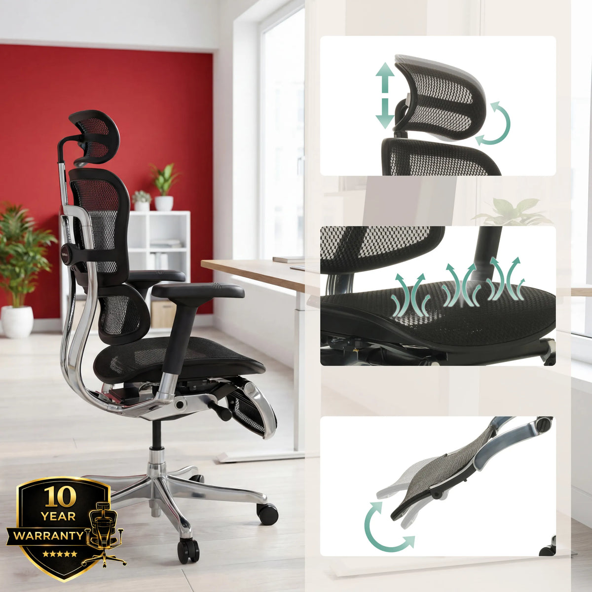 Appui-tête réglable et revêtement en maille du siège de direction de luxe ERGOHUMAN PLUS LEGPRO GEN2 de hjh OFFICE (image générée par IA)