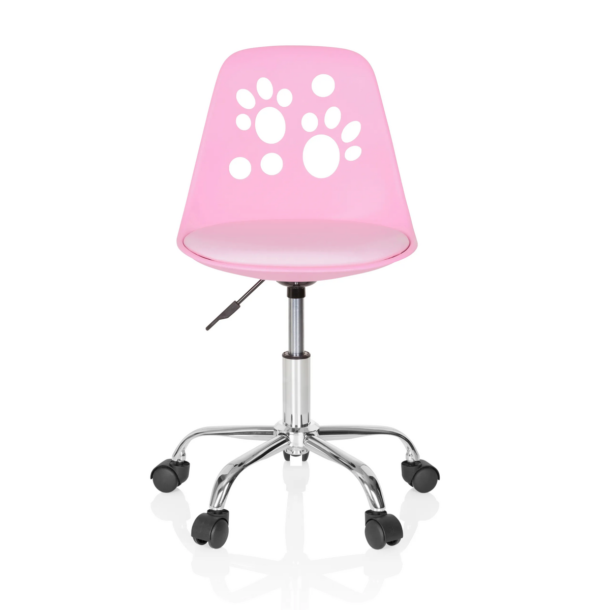 Chaise pivotante pour des enfants FANCY I rose avec motifs de pattes sur le dossier et base à cinq roulettes de hjh OFFICE – vue à 360° (vue de face 0°)