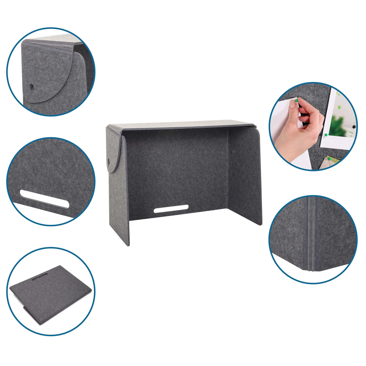 Cloison de table FLEXMIUT FOLD en feutre gris avec différentes vues détaillées de hjh OFFICE