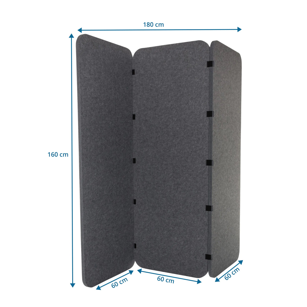 Maßzeichnung der Trennwand FLEXMIUT EL mit 180 × 160 cm in Grau von hjh OFFICE