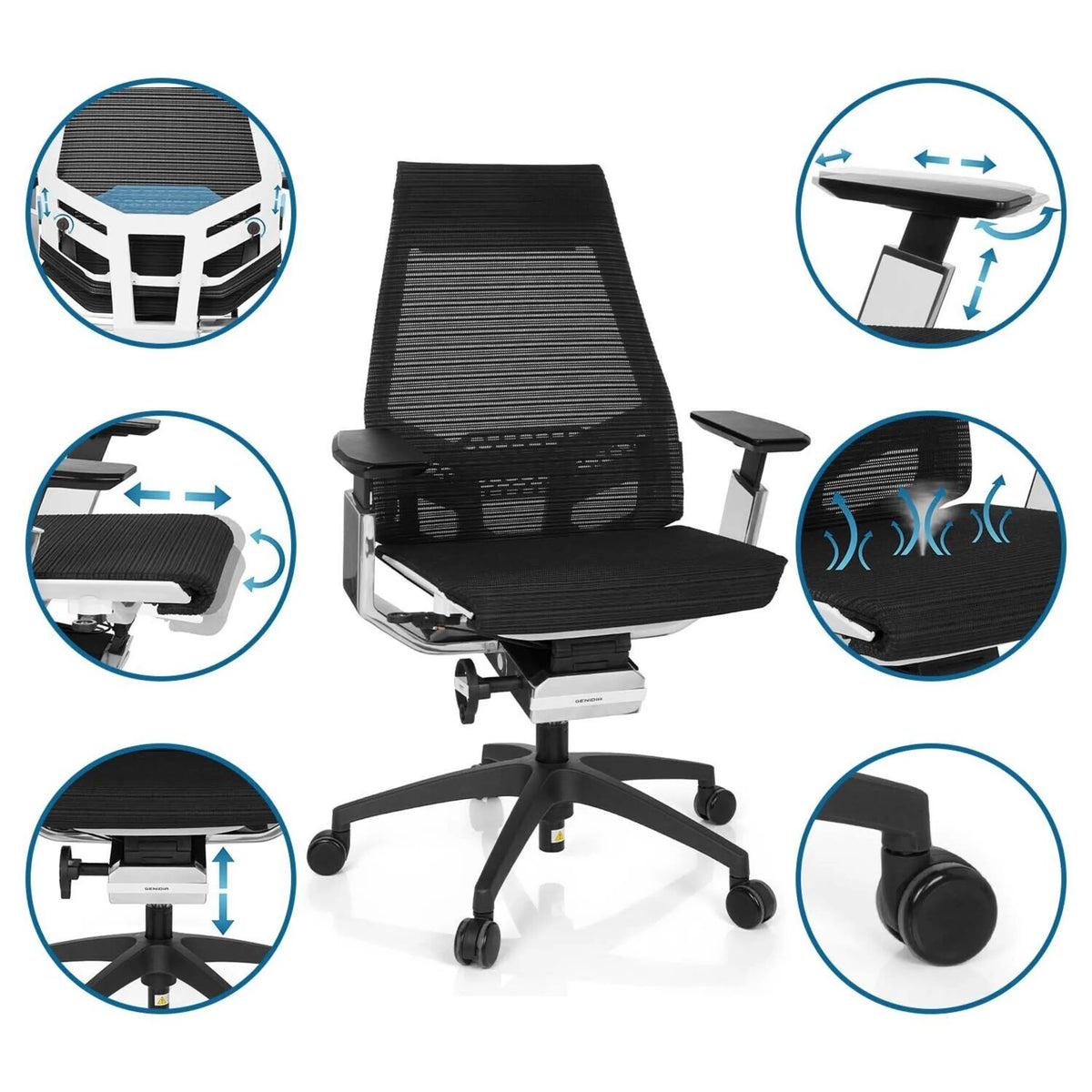 Siège de bureau de qualité professionnelle GENIDIA SMART WHITE CM en noir et blanc avec dossier en maille et divers réglages de hjh OFFICE