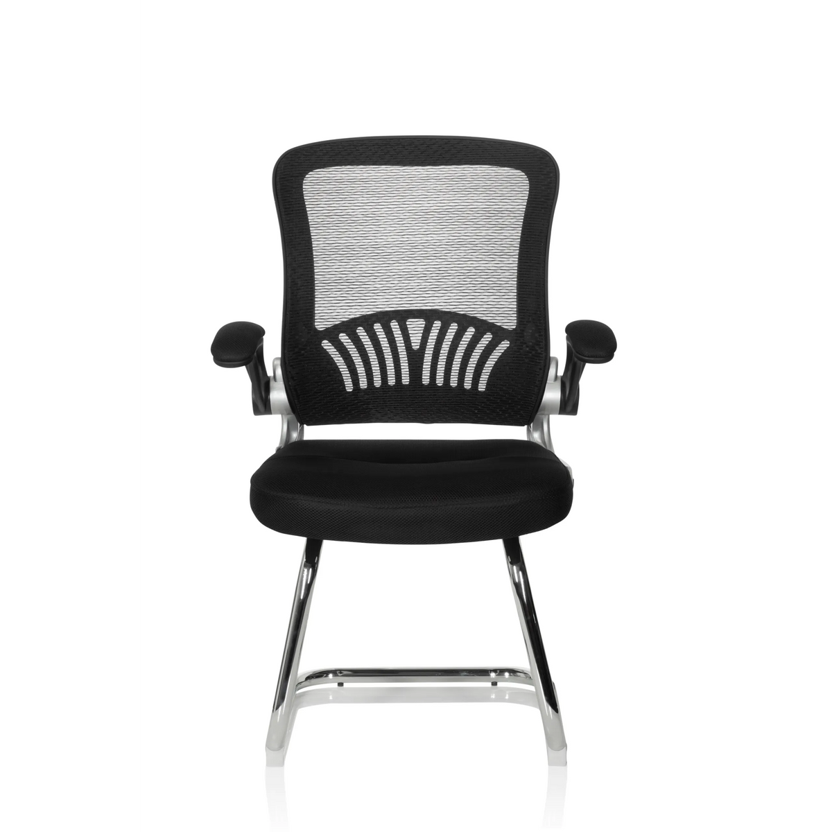 Chaises cantilever FLYER PRO V noires avec dossier en maille, accoudoirs et piètement luge de hjh OFFICE – vue à 360° (vue de face 0°)