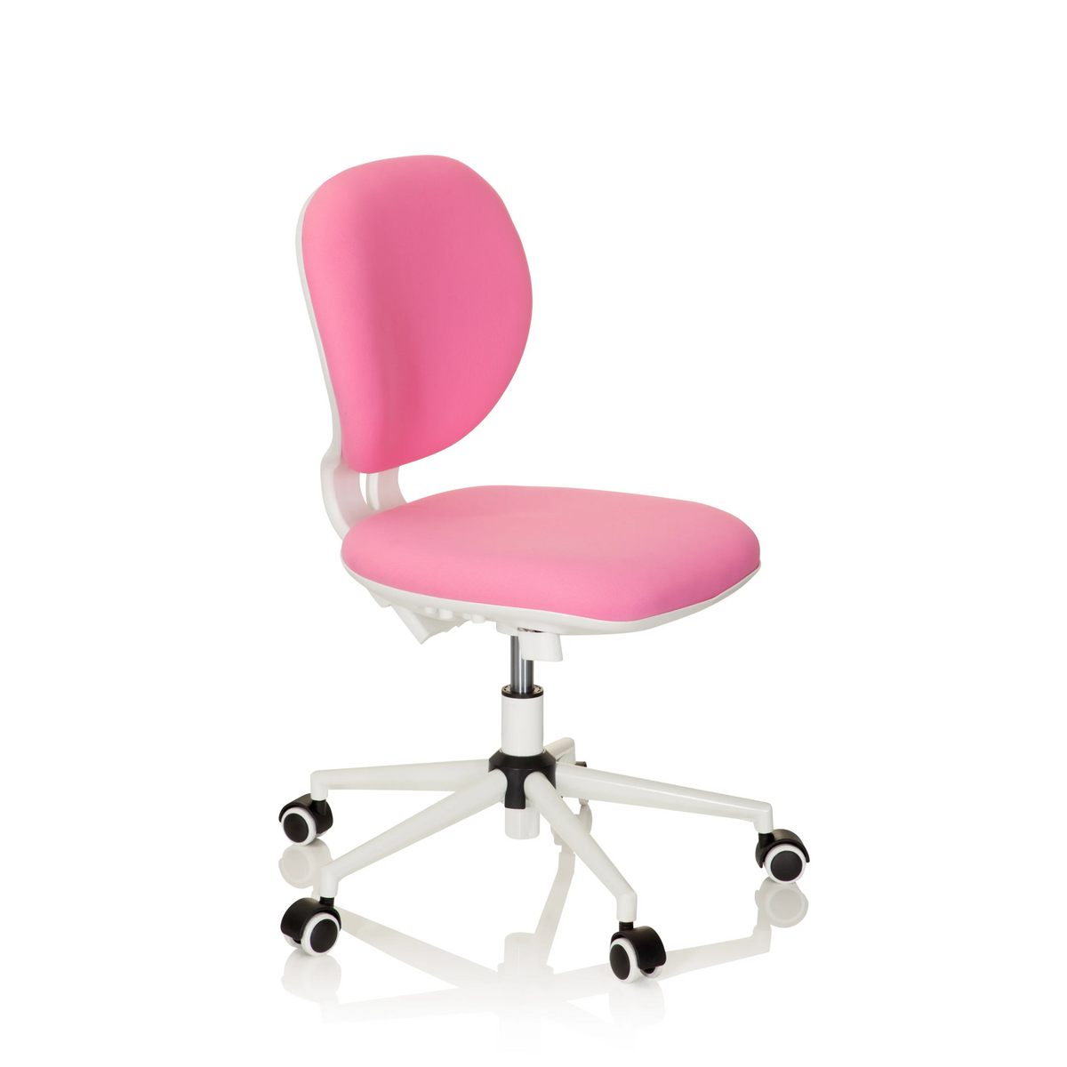 Pinker Kinderdrehstuhl KID VIVO mit weißem Fußkreuz und fünf Rollen von hjh OFFICE – 360-Grad-Ansicht (schräge Frontansicht 60°)