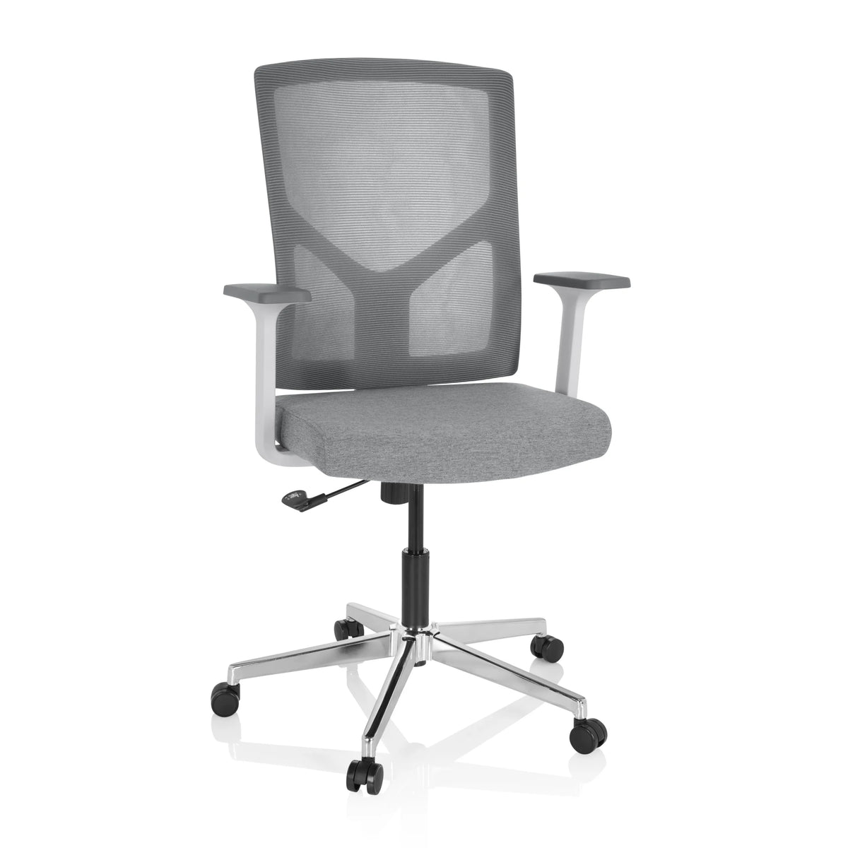 Siège de bureau à domicile BRETON BASE W gris avec dossier en maille et base à cinq roulettes de hjh OFFICE – vue à 360° (vue de face 20°)
