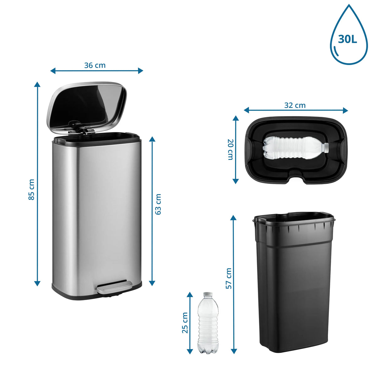 Dessin coté de la Poubelle Clean 15 avec une hauteur de 85 cm et un volume de 30 litres de hjh OFFICE