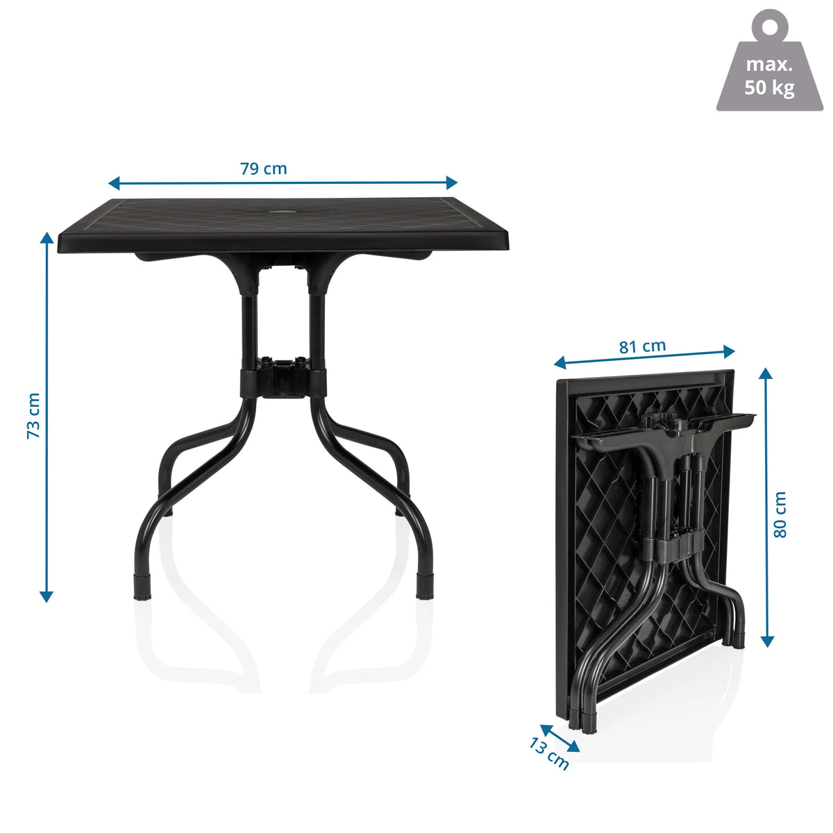 Dessin dimensionnel de la Table pliante TRAVANO T1 de 79 × 79 cm et d'une hauteur de 73 cm de hjh LIVING