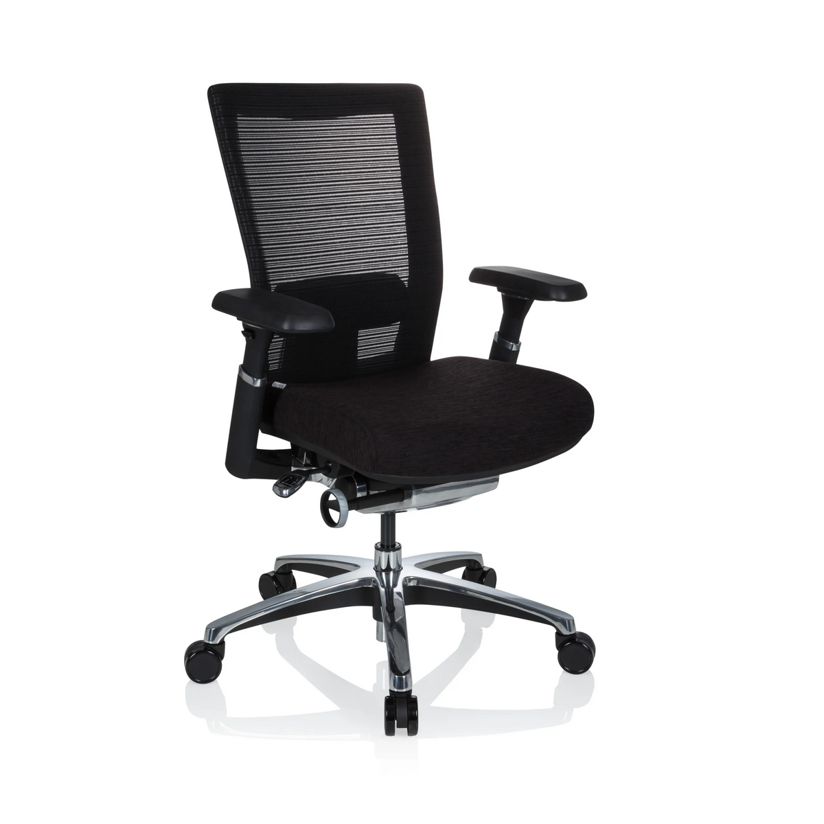 Siège de bureau haut de gamme NOVA PRO ALU noir avec dossier en maille et base à cinq roulettes de hjh OFFICE – vue à 360° (vue de trois quarts avant 40°)