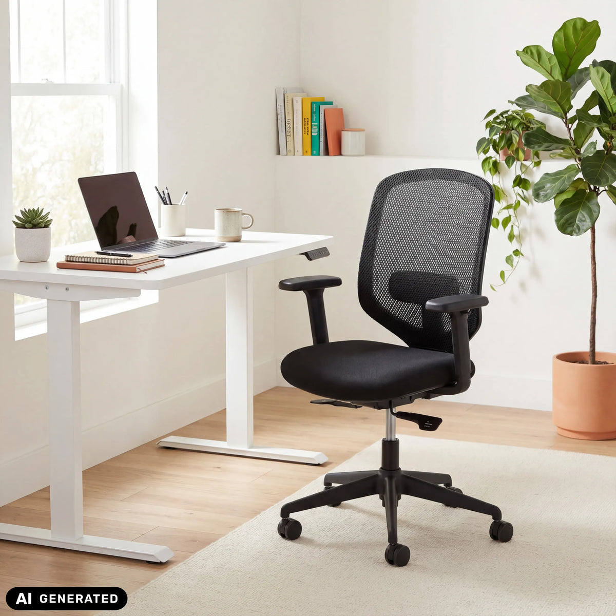 Siège de bureau de qualité professionnelle Delvia noir avec dossier en maille à un bureau blanc de hjh OFFICE (image générée par IA)