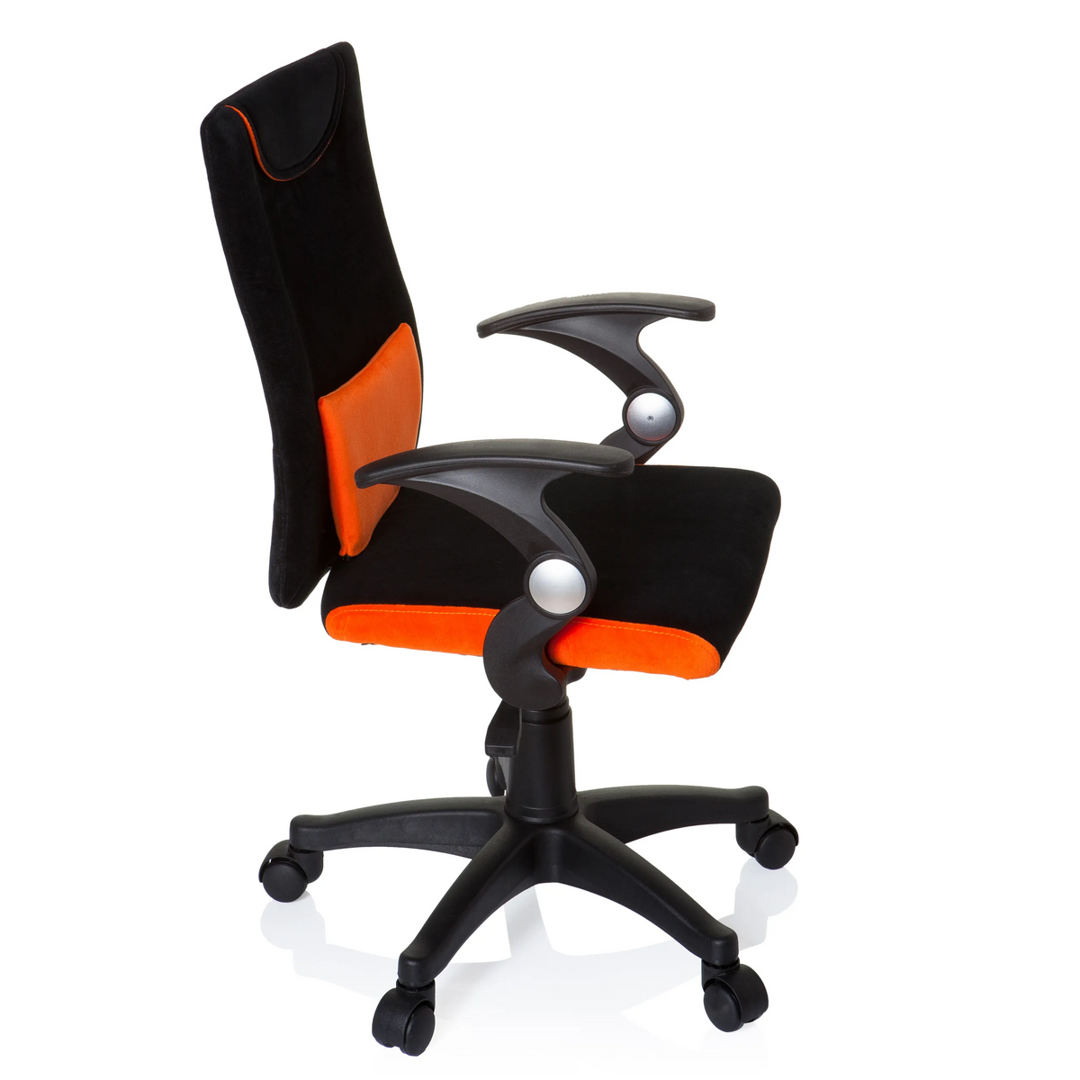 Chaise pivotante pour des enfants KIDDY PRO AL noir et orange avec coussin lombaire et base à cinq roulettes de hjh OFFICE – vue à 360° (vue de profil 80°)