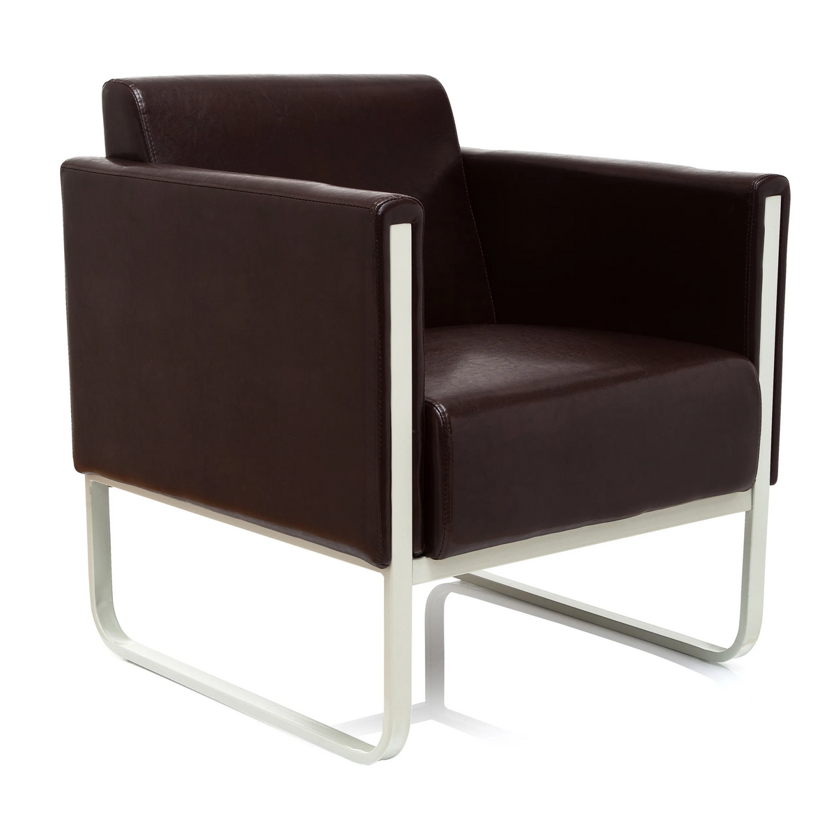 Fauteuil rembourré marron ARUBA avec cadre en métal blanc de hjh OFFICE – vue à 360° (vue de trois quarts avant 40°)