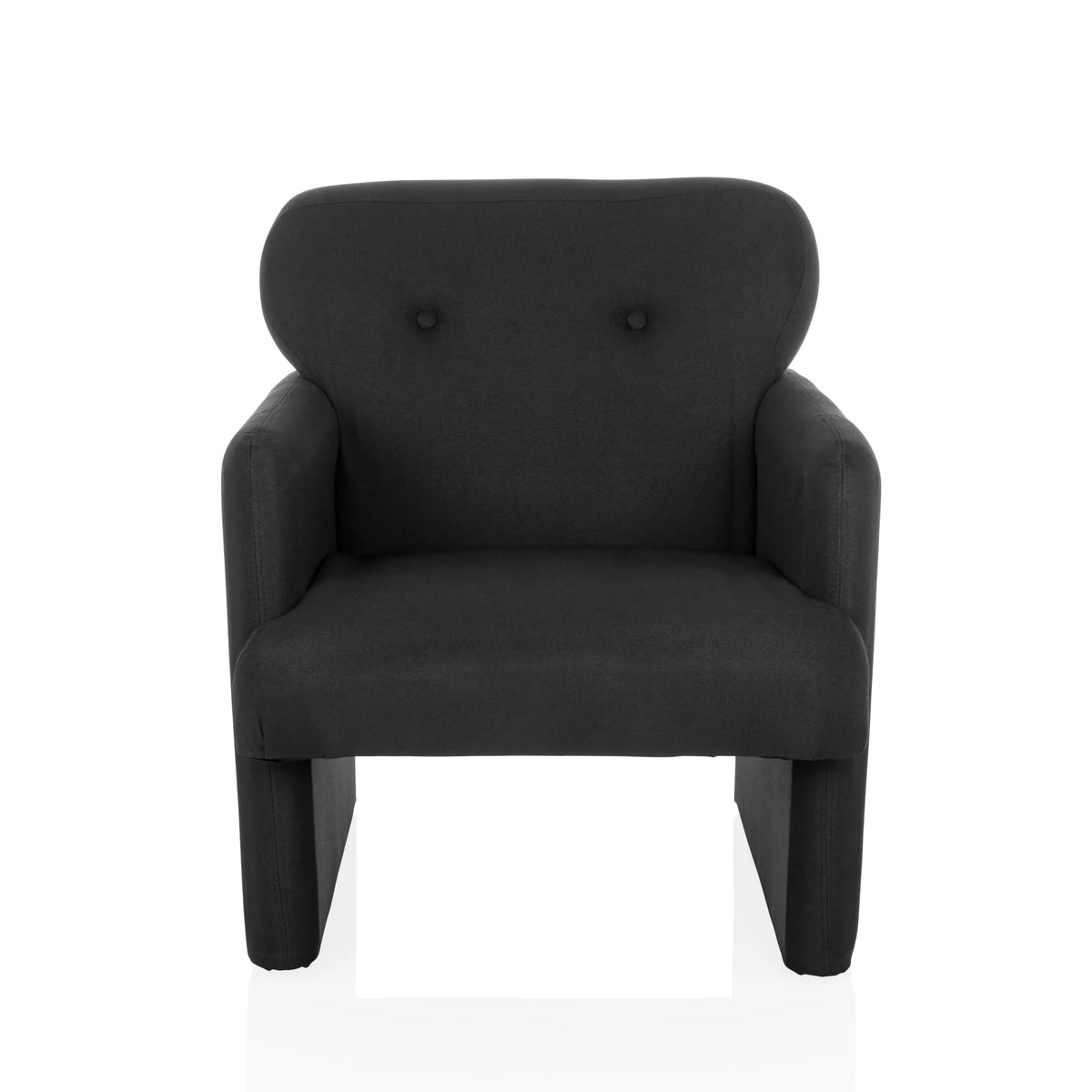 Fauteuil de salon CARIPITO noir avec revêtement en tissu et deux boutons sur le dossier de hjh LIVING – vue à 360° (vue de face 0°)