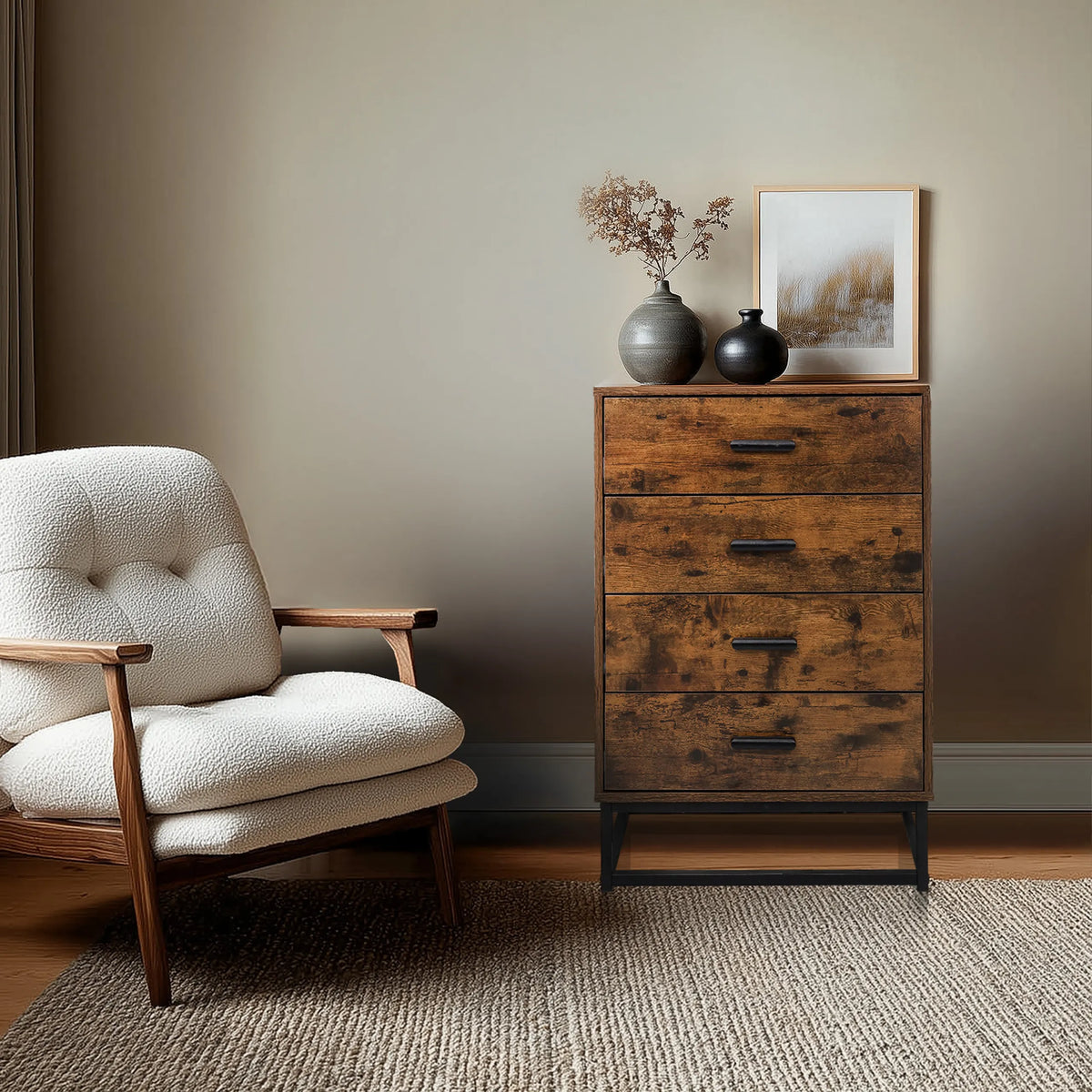 Commode marron VINSTRA avec quatre tiroirs et structure en métal noir de hjh LIVING
