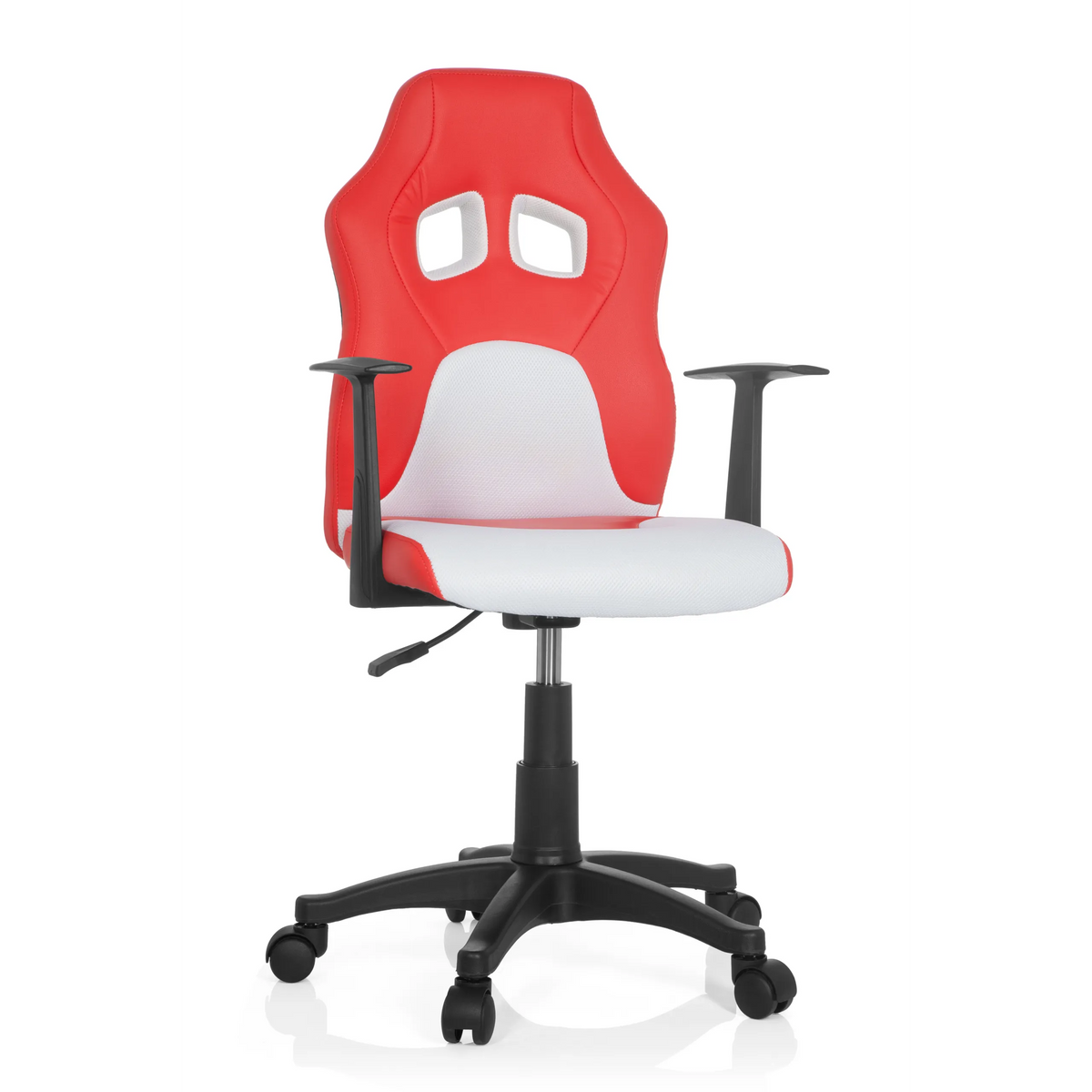 Chaise pivotante pour enfants TEEN GAME AL rouge et blanche avec accoudoirs et pied étoilé noir à cinq roulettes de hjh OFFICE – vue à 360° (vue de face 20°)