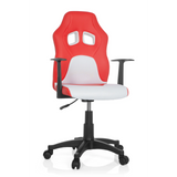 Chaise pivotante pour enfants TEEN GAME AL rouge et blanche avec accoudoirs et pied étoilé noir à cinq roulettes de hjh OFFICE – vue à 360° (vue de face 20°)